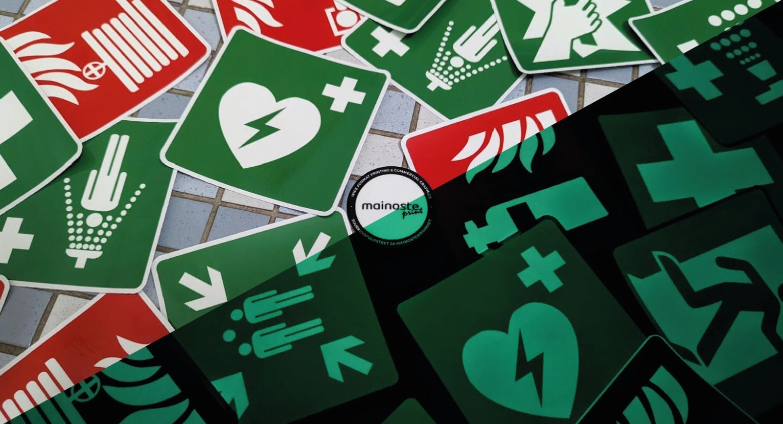 Jälkivalaisevia tarroja näytetään sekä päivänvalossa että pimeällä