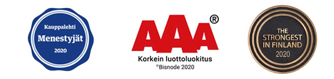 Sertifioitu mainosteippaamo: Kauppalehden Menestyjät -, AAA - sekä The Strongest in Finland -logot